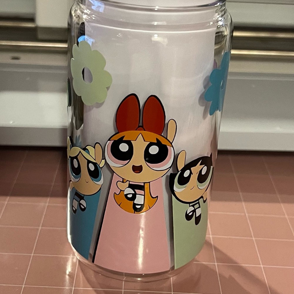 Powerpuff Girls glass cup with bamboo lid and straw.